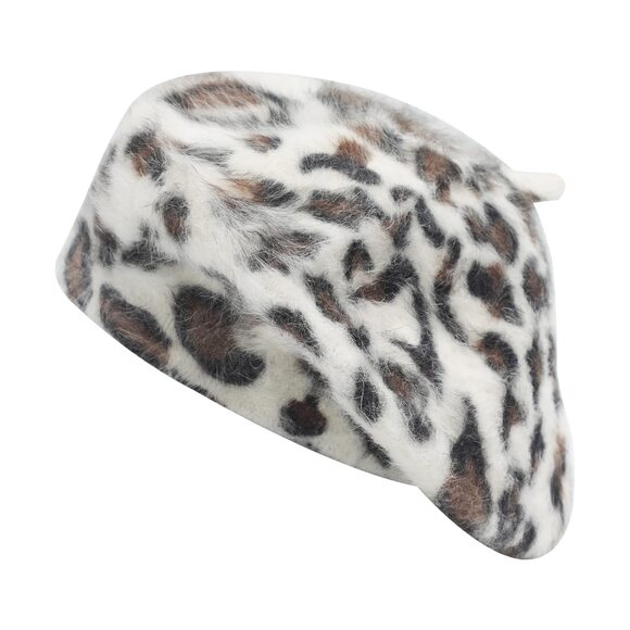 8626 Womens Rabbit Fur French Beret Hat Leopard Print main image 6